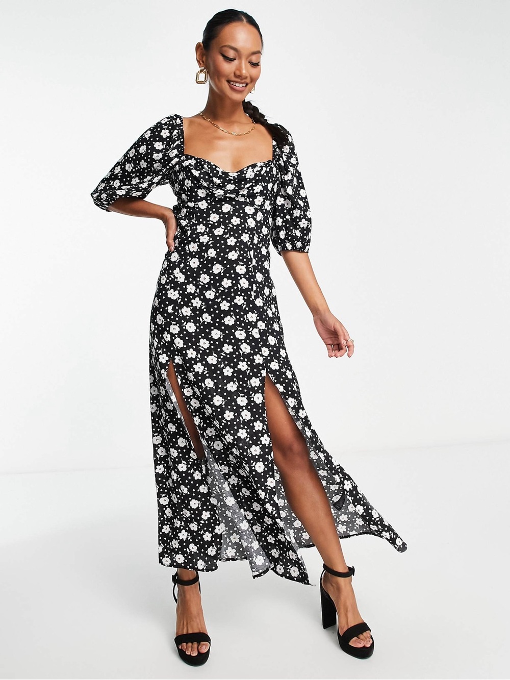 ASOS puff sleeve ruched bust midi split dress in mono floral and heart print